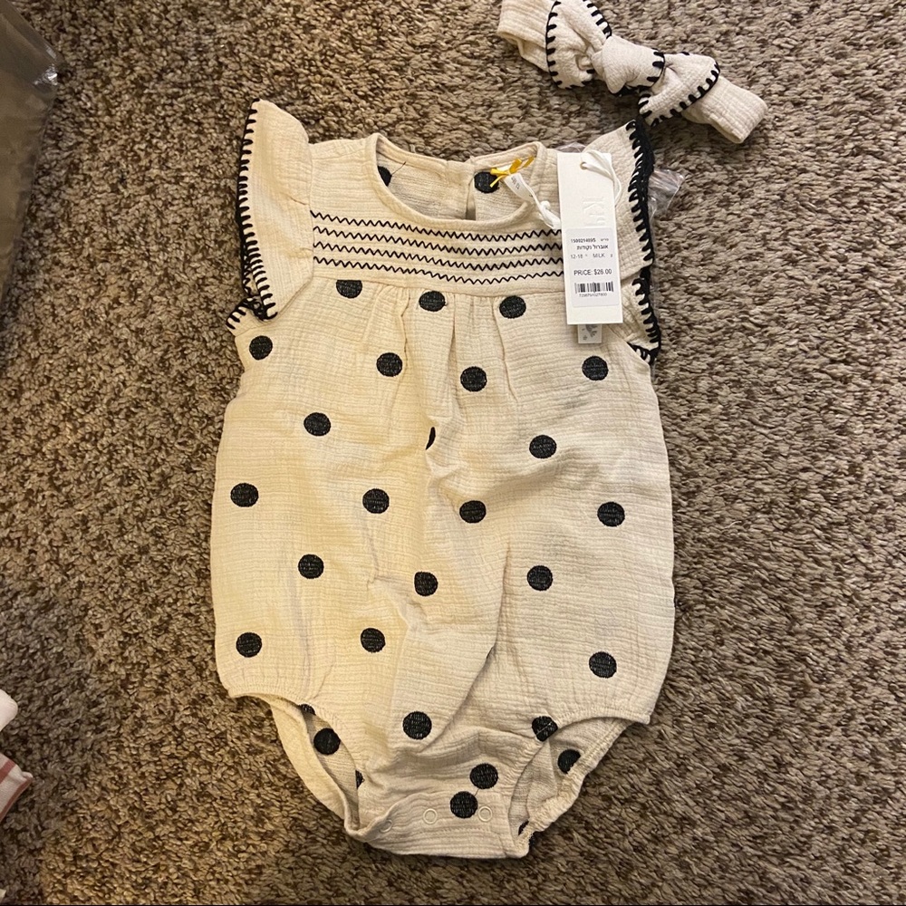 Haddas brand. Girls outfit. Tan/ black polka dot